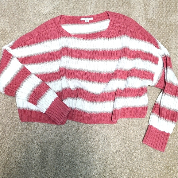 American Eagle Cropped Striped Knit Sweater Pink, White & Tan Large - Picture 5 of 8